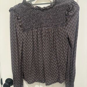 Boden Navy and Tan Heart Pattern Blouse